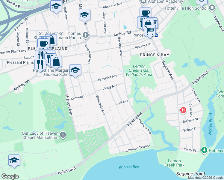map of restaurants, bars, coffee shops, grocery stores, and more near 12 Burton Avenue in Staten Island