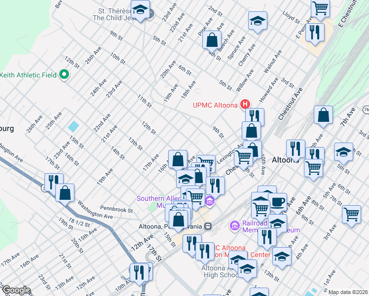 map of restaurants, bars, coffee shops, grocery stores, and more near 1113 16th Avenue in Altoona