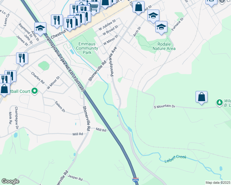 map of restaurants, bars, coffee shops, grocery stores, and more near 1435 Pennsylvania Avenue in Emmaus
