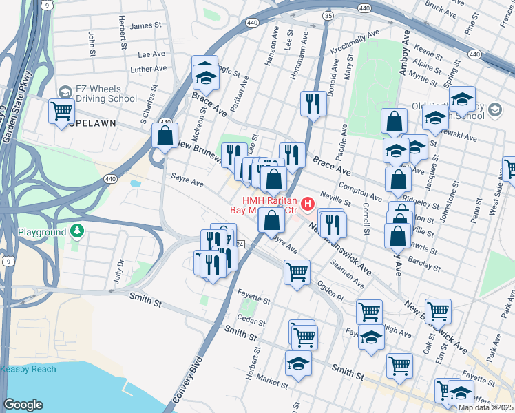 map of restaurants, bars, coffee shops, grocery stores, and more near 449 Stevenson Place in Perth Amboy