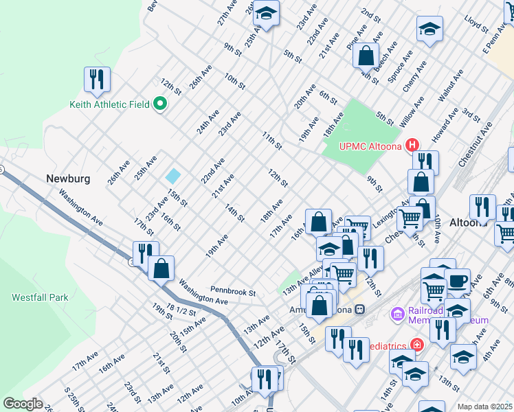 map of restaurants, bars, coffee shops, grocery stores, and more near 1305 19th Avenue in Altoona