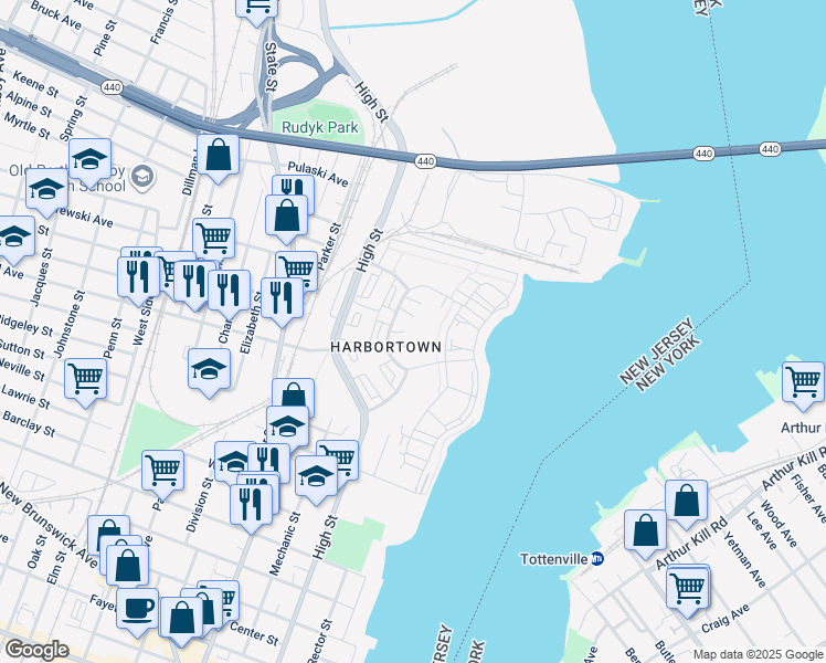 map of restaurants, bars, coffee shops, grocery stores, and more near 758 Harbortown Boulevard in Perth Amboy