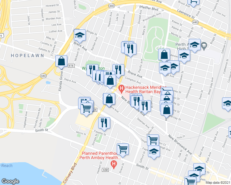 map of restaurants, bars, coffee shops, grocery stores, and more near 561 New Brunswick Ave in Perth Amboy