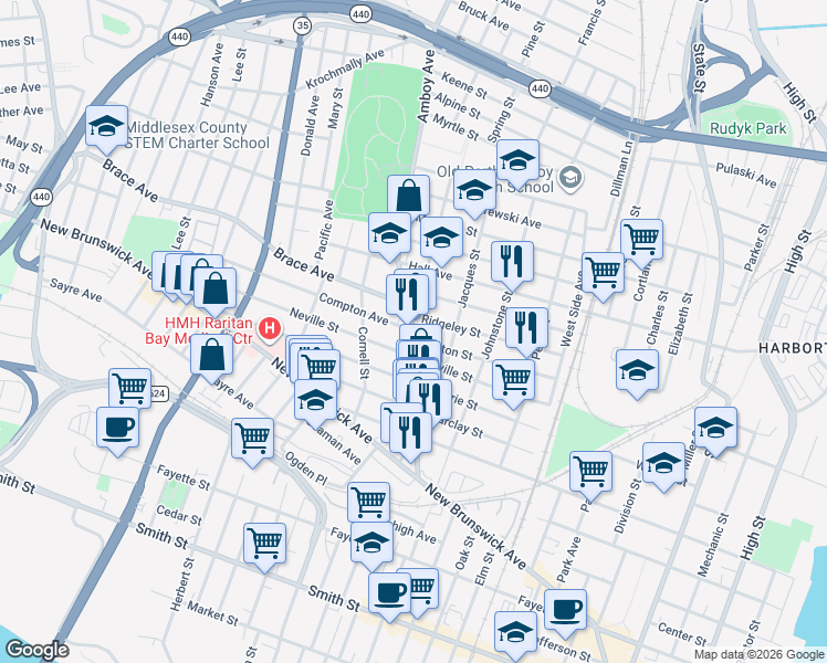 map of restaurants, bars, coffee shops, grocery stores, and more near 558 Amboy Avenue in Perth Amboy