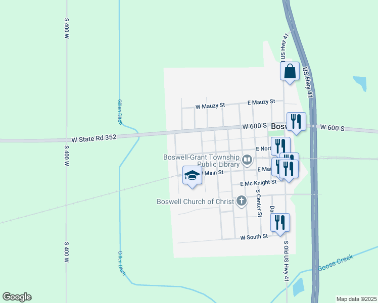 map of restaurants, bars, coffee shops, grocery stores, and more near 409 West North Street in Boswell