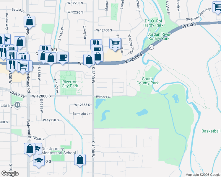 map of restaurants, bars, coffee shops, grocery stores, and more near 12758 Marks Way in Riverton