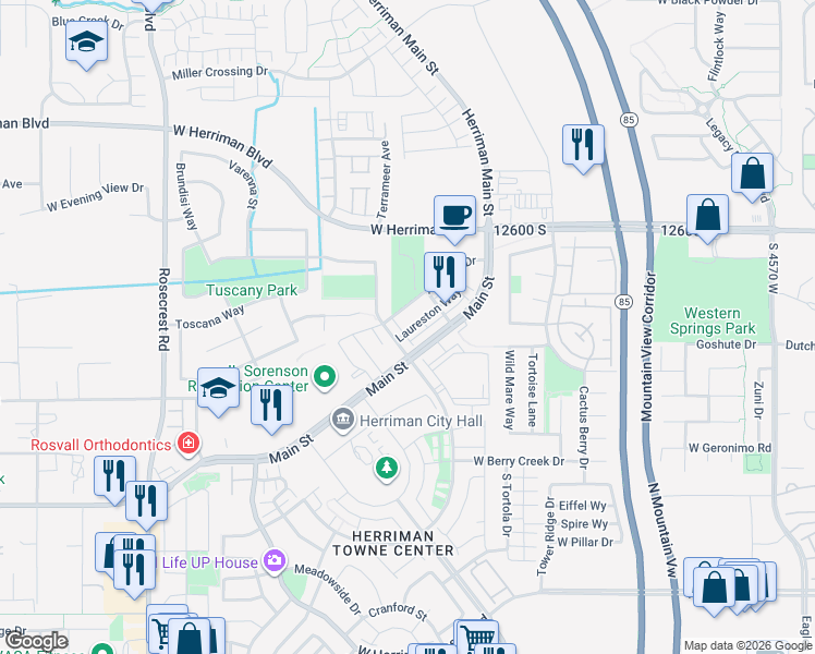 map of restaurants, bars, coffee shops, grocery stores, and more near 5156 Stockfield Lane in Herriman