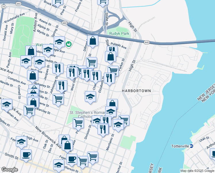 map of restaurants, bars, coffee shops, grocery stores, and more near 170 Hall Avenue in Perth Amboy