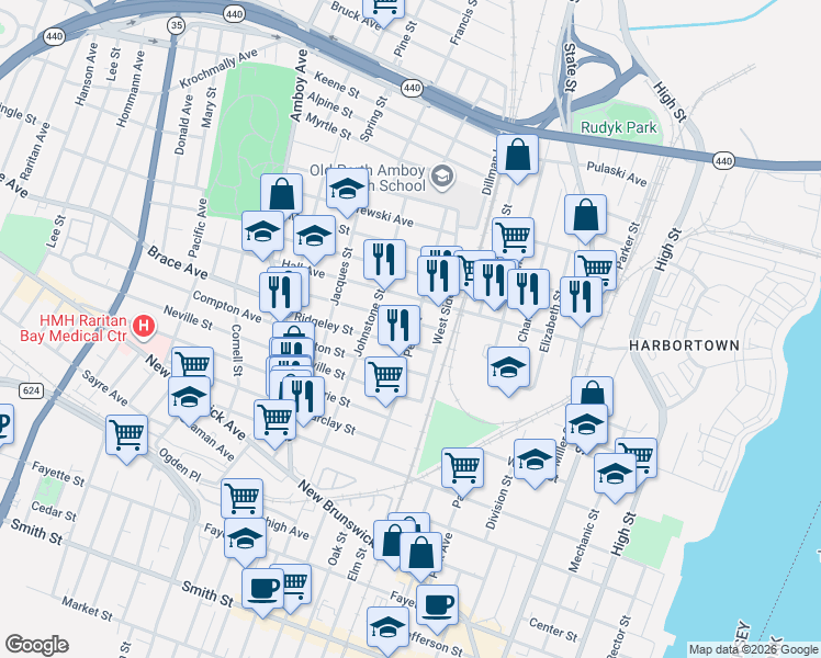 map of restaurants, bars, coffee shops, grocery stores, and more near 591 Penn Street in Perth Amboy