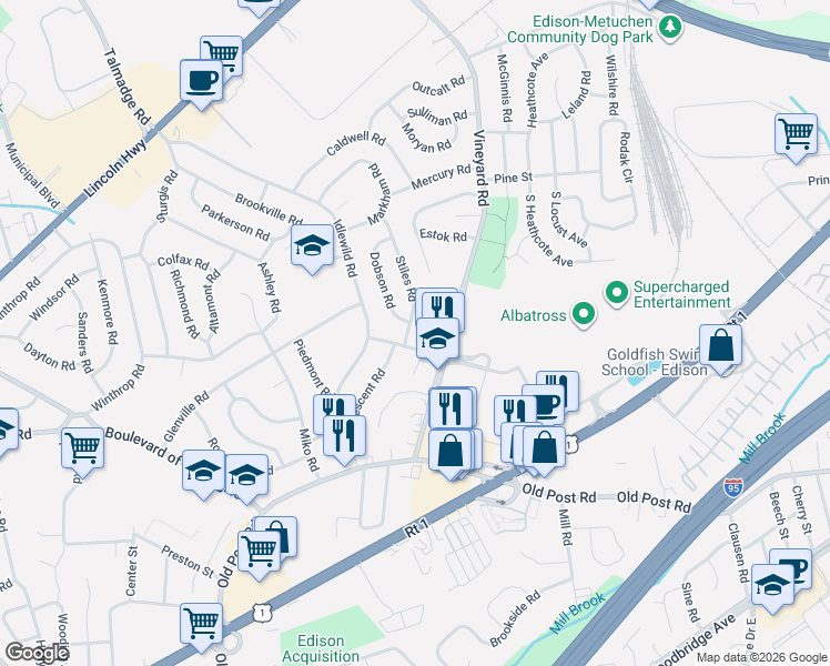 map of restaurants, bars, coffee shops, grocery stores, and more near 56 Vineyard Road in Edison