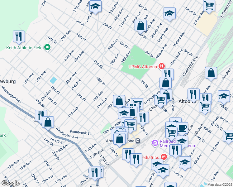 map of restaurants, bars, coffee shops, grocery stores, and more near 1201-03 17th Avenue in Altoona