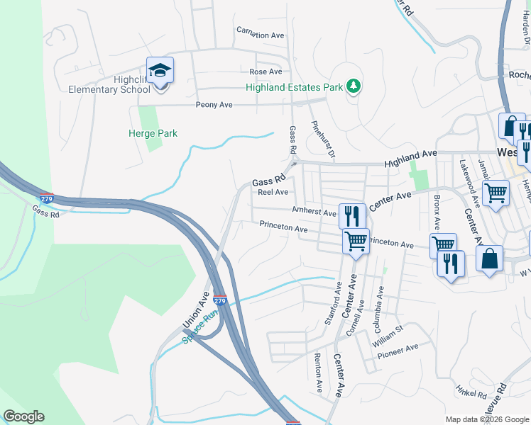 map of restaurants, bars, coffee shops, grocery stores, and more near 121 Amherst Avenue in Pittsburgh