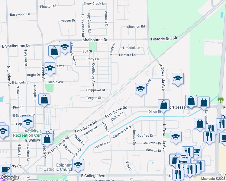 map of restaurants, bars, coffee shops, grocery stores, and more near 1100 Henry Street in Normal