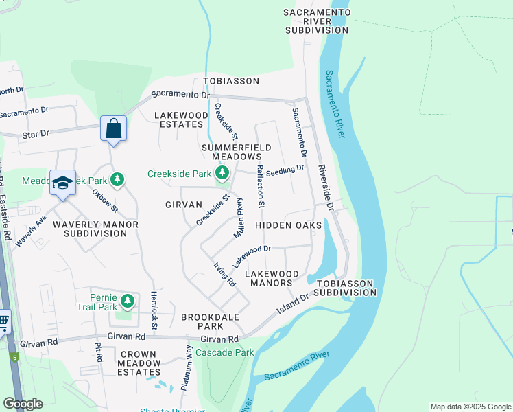map of restaurants, bars, coffee shops, grocery stores, and more near 6754 Reflection Street in Redding