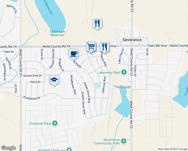 map of restaurants, bars, coffee shops, grocery stores, and more near 904 Foxtail Ct in Severance