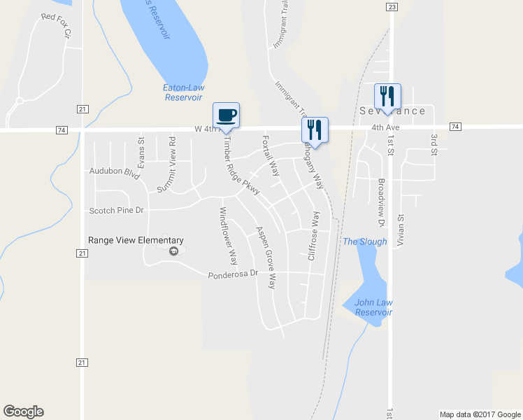 map of restaurants, bars, coffee shops, grocery stores, and more near 221 Timber Ridge Court in Severance