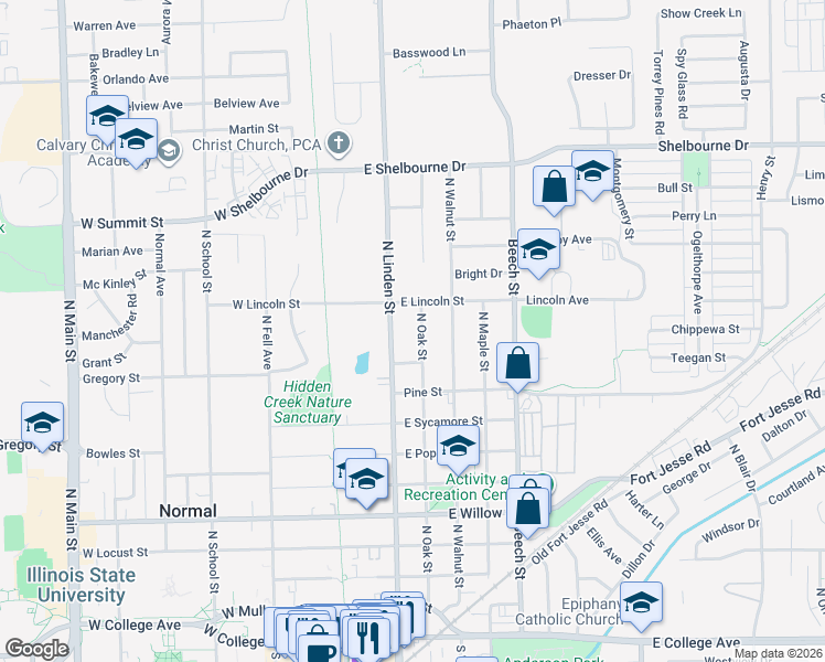 map of restaurants, bars, coffee shops, grocery stores, and more near 1015 North Oak Street in Normal