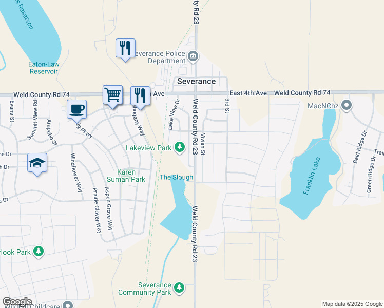 map of restaurants, bars, coffee shops, grocery stores, and more near 512 Broadview Drive in Severance