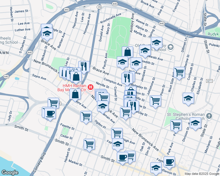 map of restaurants, bars, coffee shops, grocery stores, and more near 441 Neville Street in Perth Amboy