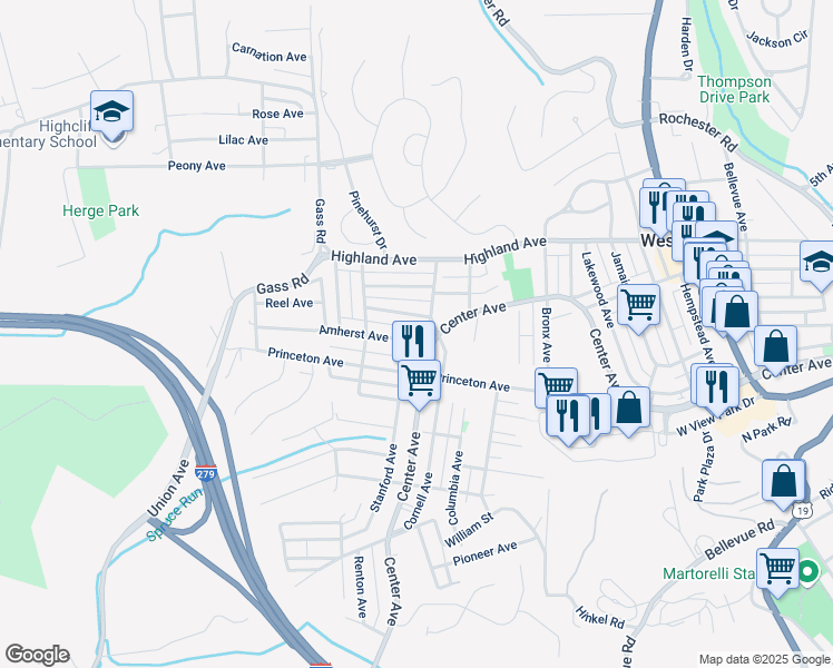 map of restaurants, bars, coffee shops, grocery stores, and more near 10 Amherst Ave in Pittsburgh
