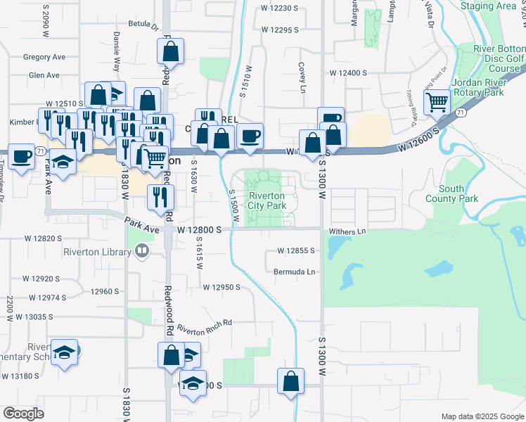 map of restaurants, bars, coffee shops, grocery stores, and more near 12765 South 1400 West in Riverton