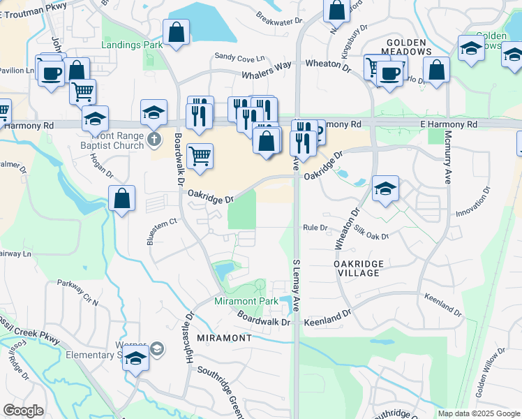 map of restaurants, bars, coffee shops, grocery stores, and more near 1002 Rule Drive in Fort Collins