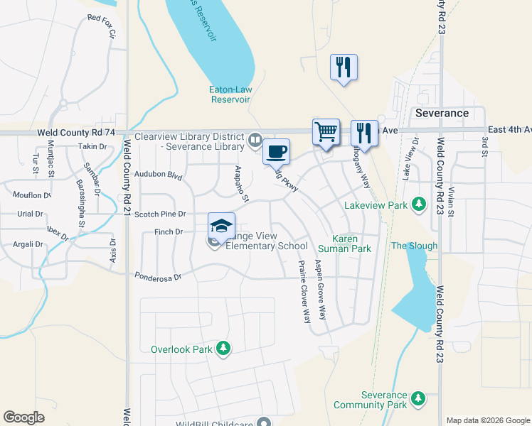 map of restaurants, bars, coffee shops, grocery stores, and more near 205 Windflower Way in Severance
