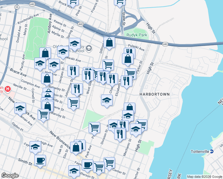 map of restaurants, bars, coffee shops, grocery stores, and more near Hall Ave & Charles St in Perth Amboy