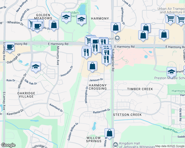 map of restaurants, bars, coffee shops, grocery stores, and more near 1903 Wilmington Drive in Fort Collins