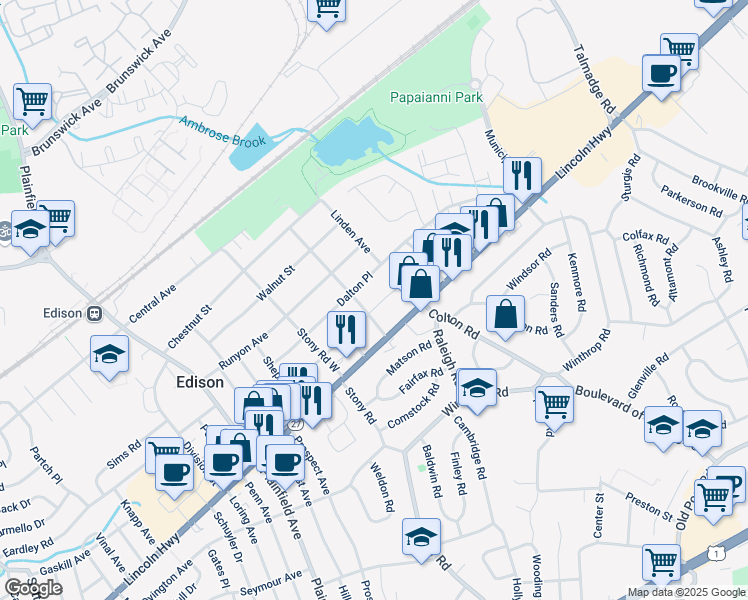 map of restaurants, bars, coffee shops, grocery stores, and more near 55 Lahiere Avenue in Edison