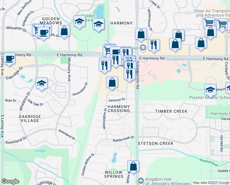 map of restaurants, bars, coffee shops, grocery stores, and more near 1939 Wilmington Drive in Fort Collins