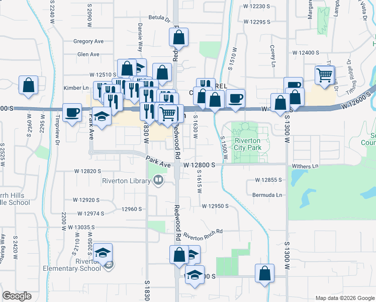 map of restaurants, bars, coffee shops, grocery stores, and more near 1655 Bills Bylow Lane in Riverton