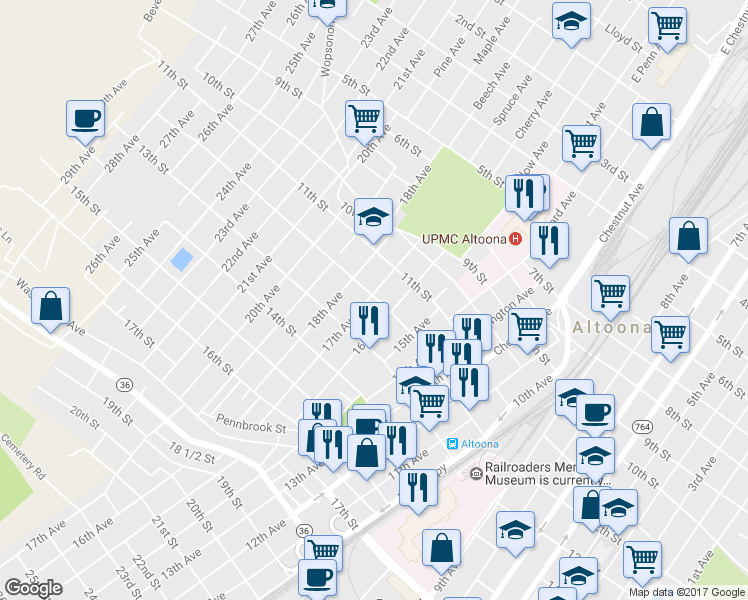 map of restaurants, bars, coffee shops, grocery stores, and more near 1201-03 17th Avenue in Altoona