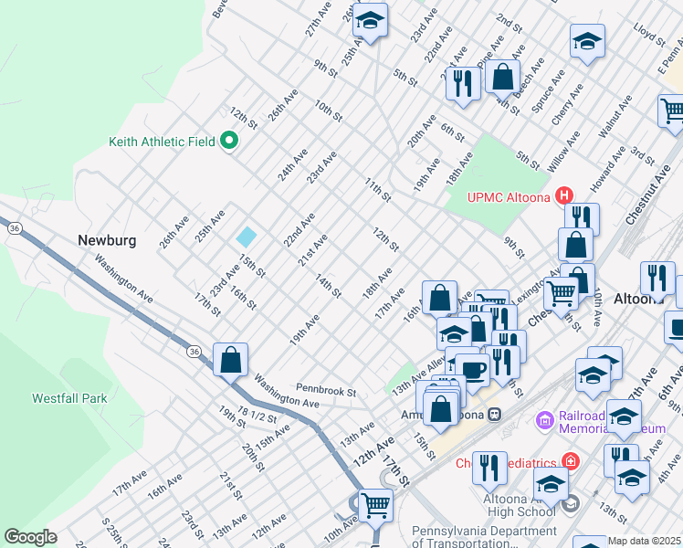 map of restaurants, bars, coffee shops, grocery stores, and more near 1318 19th Avenue in Altoona