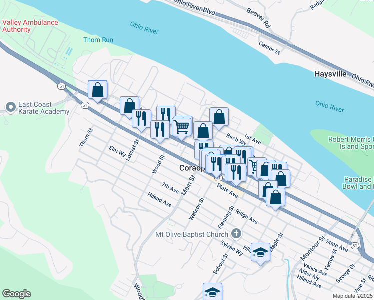 map of restaurants, bars, coffee shops, grocery stores, and more near 846 4th Avenue in Coraopolis