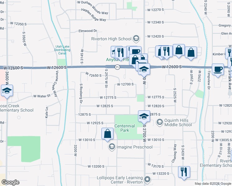 map of restaurants, bars, coffee shops, grocery stores, and more near 12753 South Gilbert Drive in Riverton