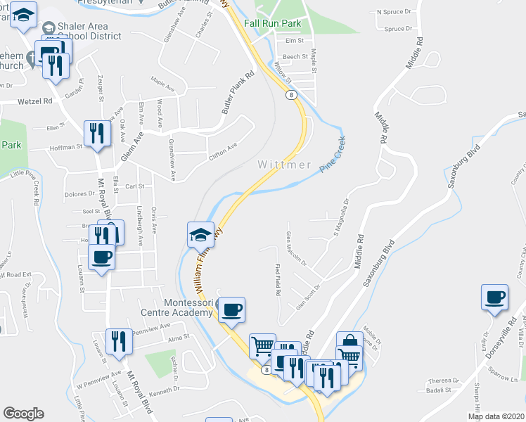 map of restaurants, bars, coffee shops, grocery stores, and more near 1086 William Flinn Highway in Glenshaw