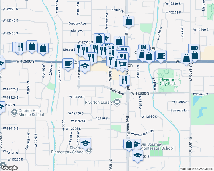 map of restaurants, bars, coffee shops, grocery stores, and more near 1868 Park Avenue in Riverton