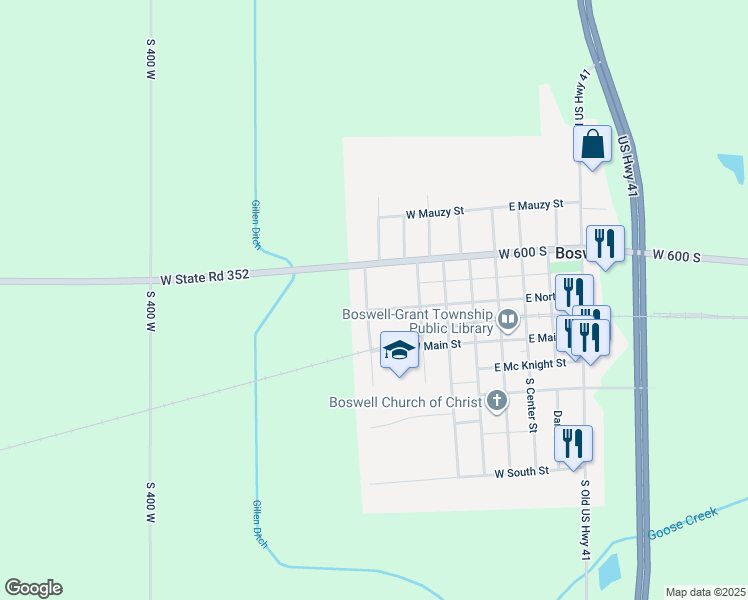 map of restaurants, bars, coffee shops, grocery stores, and more near 409 West North Street in Boswell