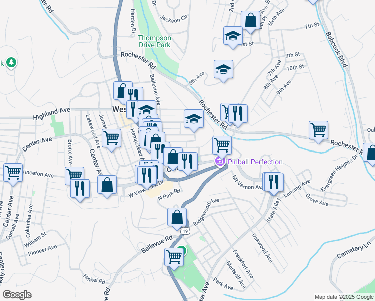 map of restaurants, bars, coffee shops, grocery stores, and more near 19 Westfield Avenue in Pittsburgh
