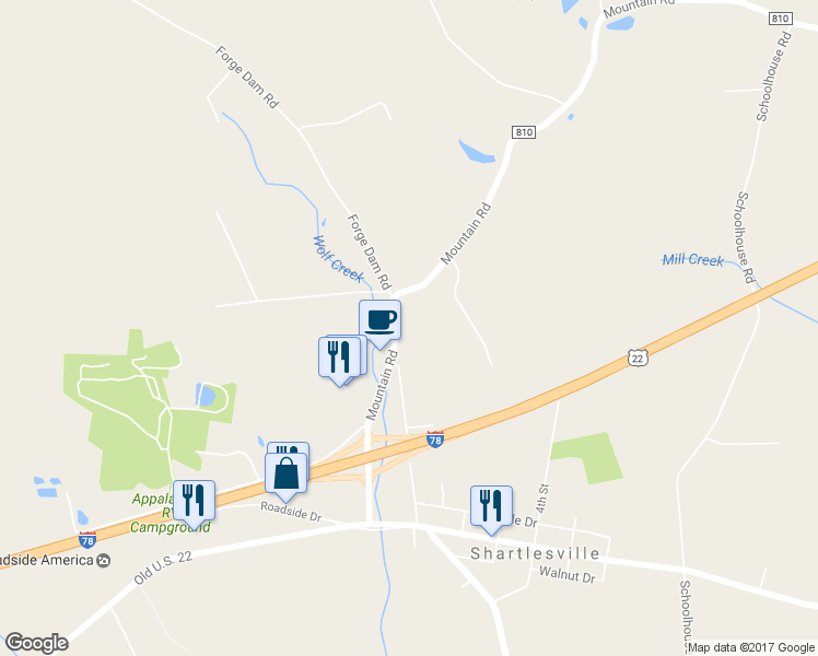 map of restaurants, bars, coffee shops, grocery stores, and more near 3651 Mountain Rd in Hamburg