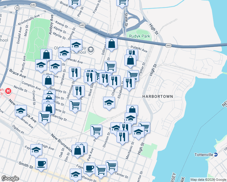 map of restaurants, bars, coffee shops, grocery stores, and more near in Perth Amboy
