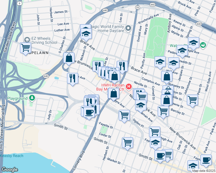 map of restaurants, bars, coffee shops, grocery stores, and more near 449 Stevenson Place in Perth Amboy