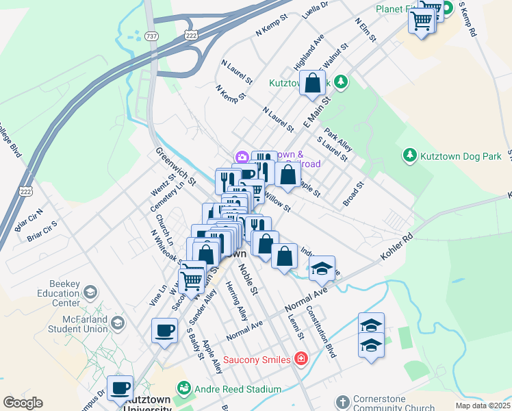 map of restaurants, bars, coffee shops, grocery stores, and more near 10 East Main Street in Kutztown