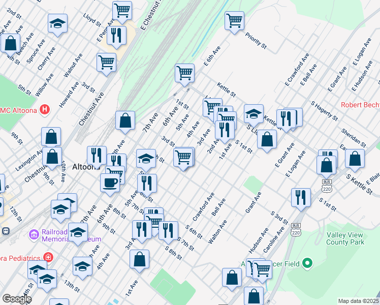map of restaurants, bars, coffee shops, grocery stores, and more near 225 3rd Ave in Altoona
