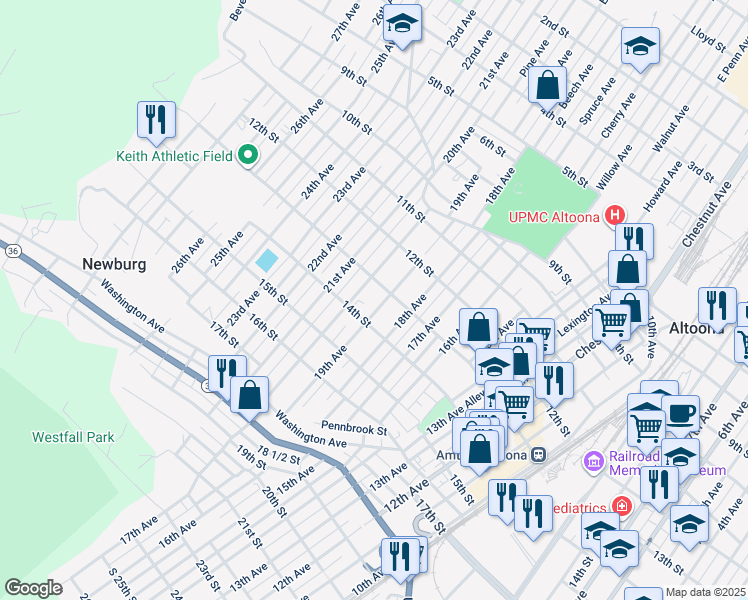 map of restaurants, bars, coffee shops, grocery stores, and more near 1305 19th Avenue in Altoona