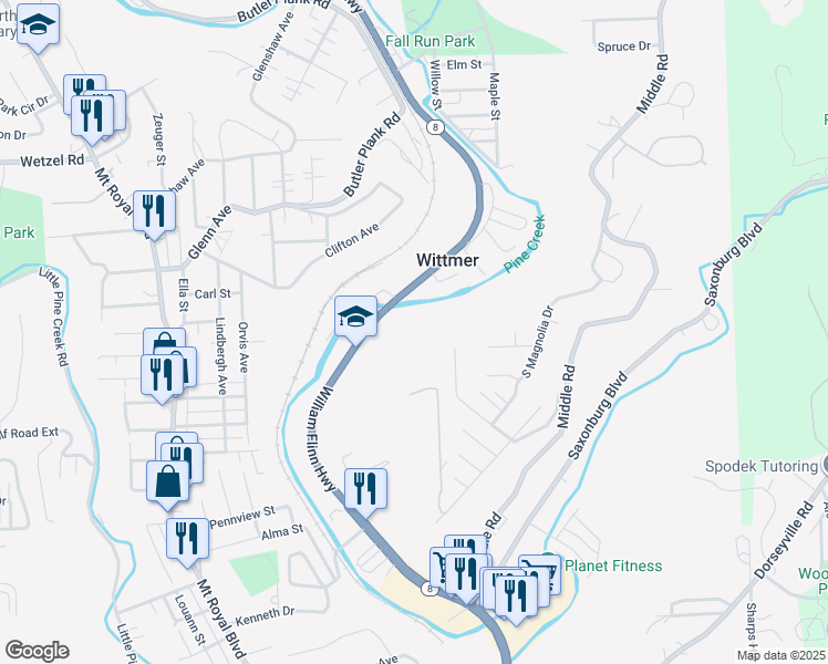 map of restaurants, bars, coffee shops, grocery stores, and more near 1086 William Flinn Highway in Glenshaw