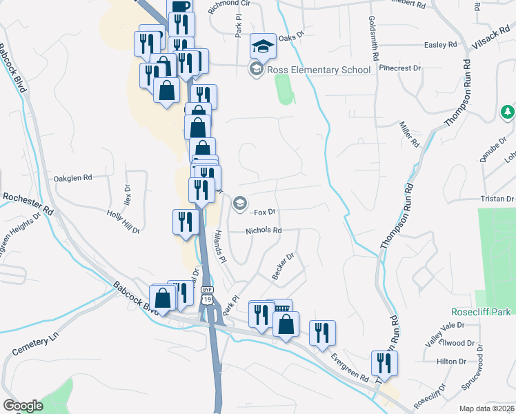map of restaurants, bars, coffee shops, grocery stores, and more near 506 Fox Drive in Pittsburgh