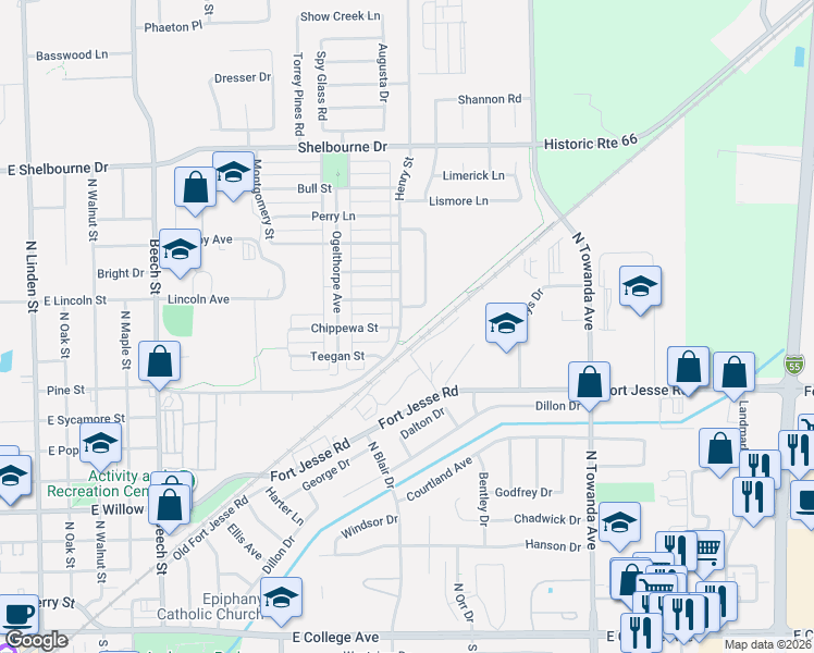 map of restaurants, bars, coffee shops, grocery stores, and more near 1100 Henry Street in Normal