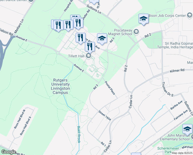 map of restaurants, bars, coffee shops, grocery stores, and more near 23 Avenue East in Piscataway
